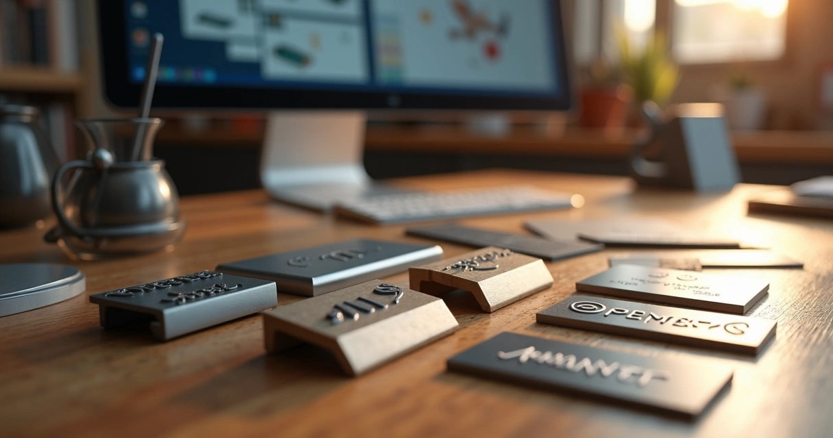 Plaquetas e crachás personalizados sobre mesa de madeira com fundo desfocado mostrando materiais de produção e ferramentas de design