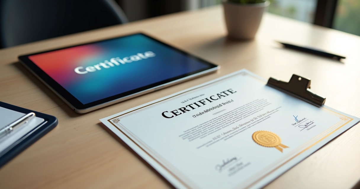Comparação entre certificado digital apresentado em tablet e certificado físico sobre mesa de madeira clara