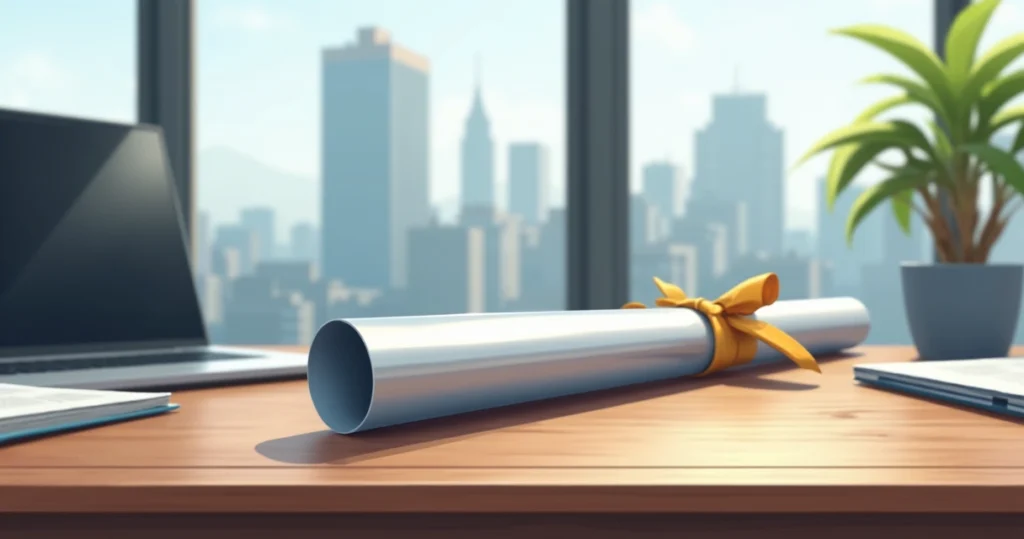 Diploma em aço inox com moldura de alumínio sobre mesa de escritório moderno com elementos corporativos ao fundo