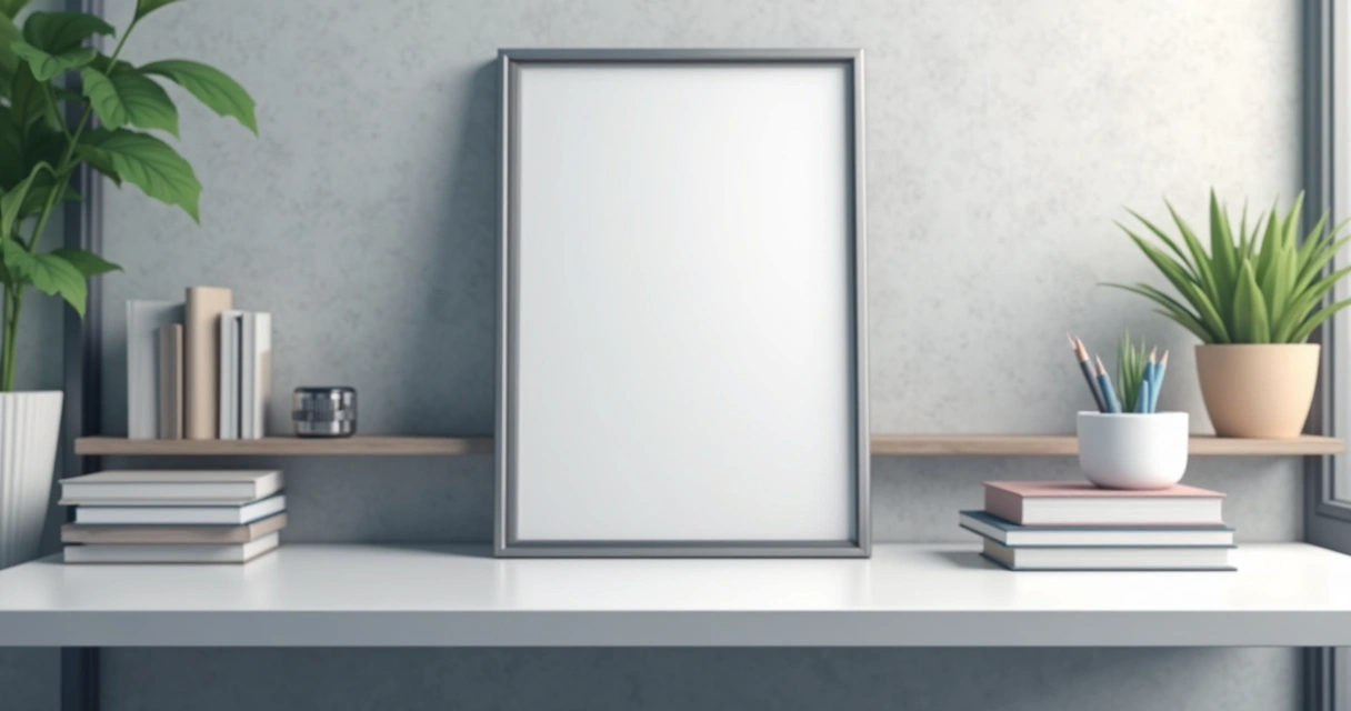 Diploma em aço inox com moldura de alumínio sobre mesa corporativa moderna, decoração minimalista e fundo neutro