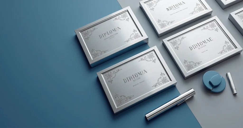 Placas de diploma em metal com gravação em alto relevo e molduras de alumínio sobre fundo corporativo azul e cinza