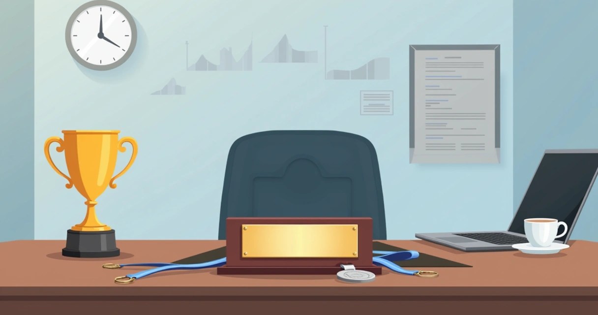 Ilustração corporativa plana de uma placa de homenagem sobre mesa com troféu e medalha ao lado, fundo neutro e elementos sutis de escritório