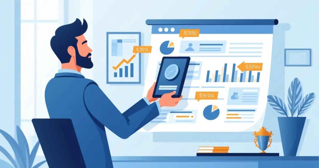Ilustração corporativa de gestor analisando placa de homenagem com gráficos e valores ao redor