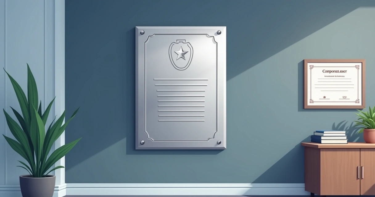 Placa de homenagem personalizada pendurada em parede de escritório corporativo, com design moderno e acabamento em aço inox