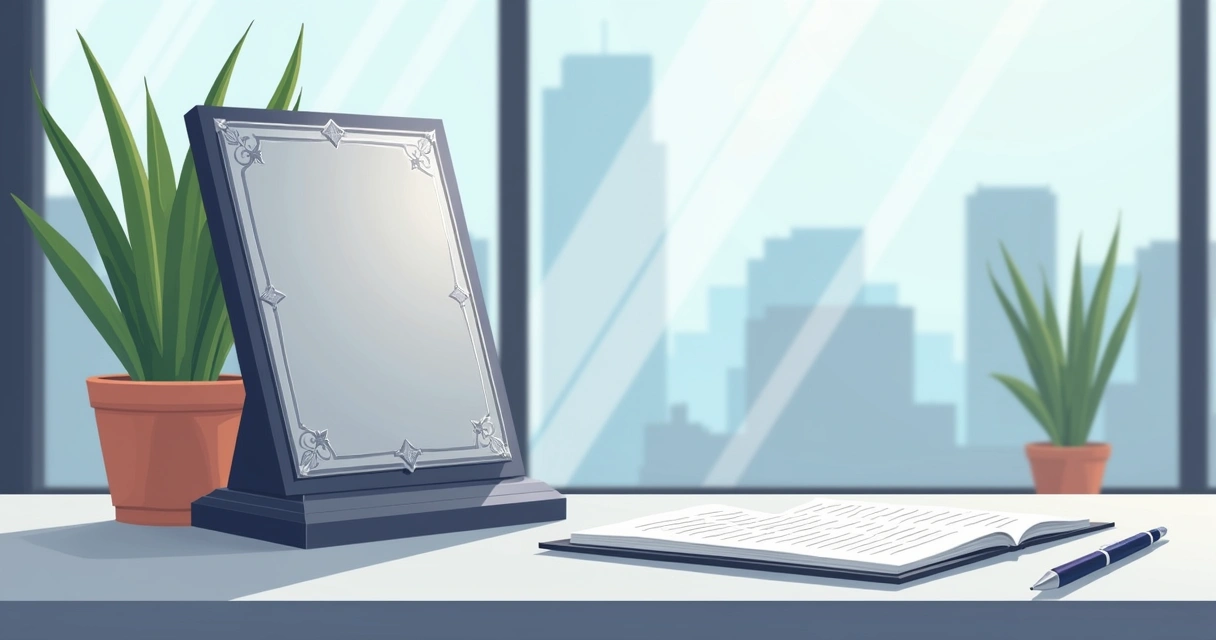 Ilustração corporativa de uma placa de homenagem prata em destaque sobre mesa com documentos e caneta ao redor