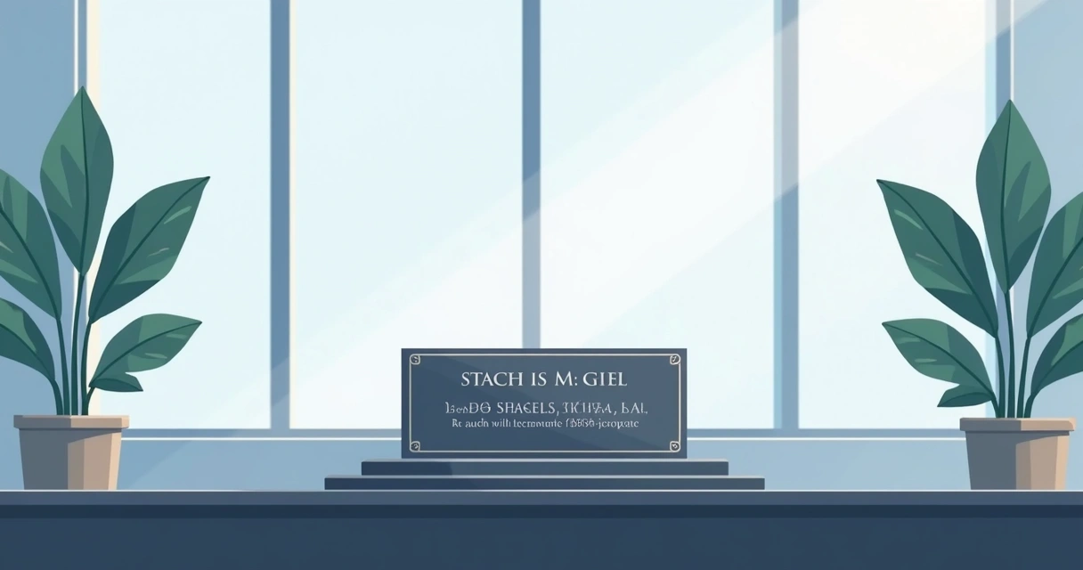Ilustração corporativa plana de uma placa de inauguração personalizada em metal, apoiada sobre um pedestal sobre uma mesa, com detalhes modernos e texto gravado visível. Ao fundo, elementos sutis de ambiente corporativo, como plantas, janelas e luz natural. Cores neutras com tons de azul e cinza.