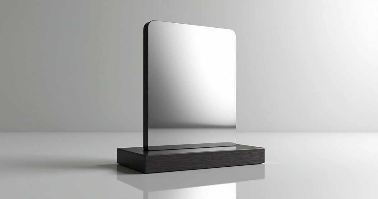 Placa de reconhecimento em prata com acabamento polido, apoiada em base de madeira escura, em fundo branco minimalista
