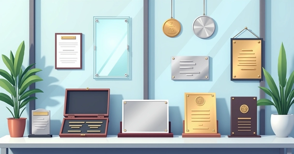 Várias placas comemorativas personalizadas em diferentes materiais e formatos dispostas sobre mesa