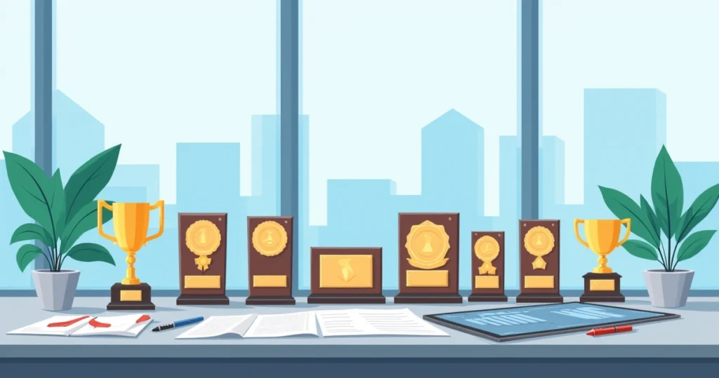 Ilustração corporativa flat de placas de homenagem e troféus sendo exibidos em uma mesa com documentos e lápis, cenário claro e profissional