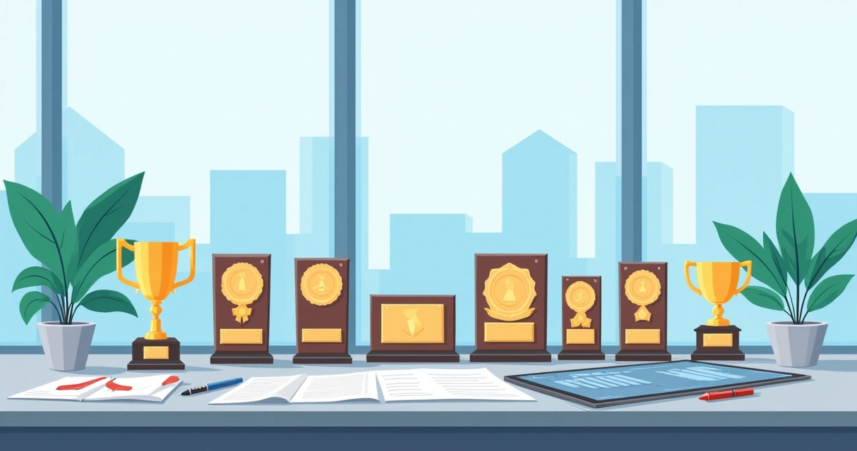 Ilustração corporativa flat de placas de homenagem e troféus sendo exibidos em uma mesa com documentos e lápis, cenário claro e profissional