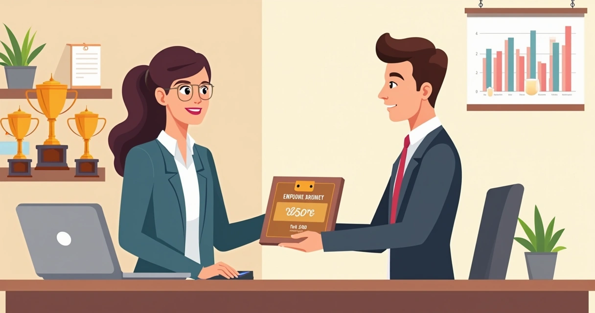 Ilustração corporativa de gestor entregando placa de homenagem para funcionário em ambiente de escritório moderno com elementos de premiação e reconhecimento