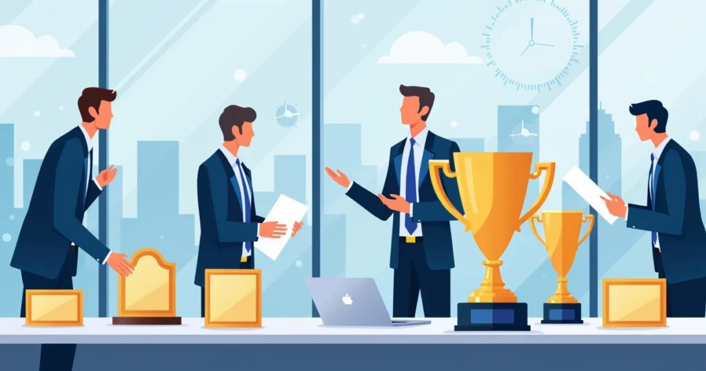 Ilustração corporativa de placas de homenagem e troféus em uma mesa com pessoas de negócios planejando evento