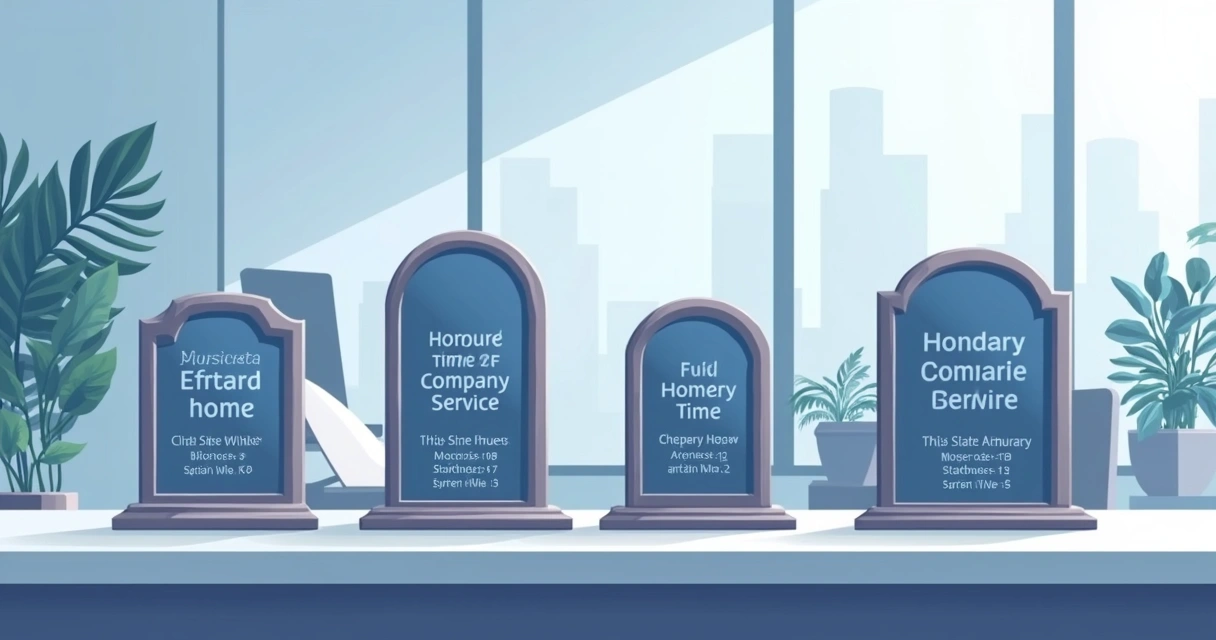 Ilustração corporativa de placas de homenagem organizadas sobre uma mesa com textos personalizados, com ambiente empresarial ao fundo