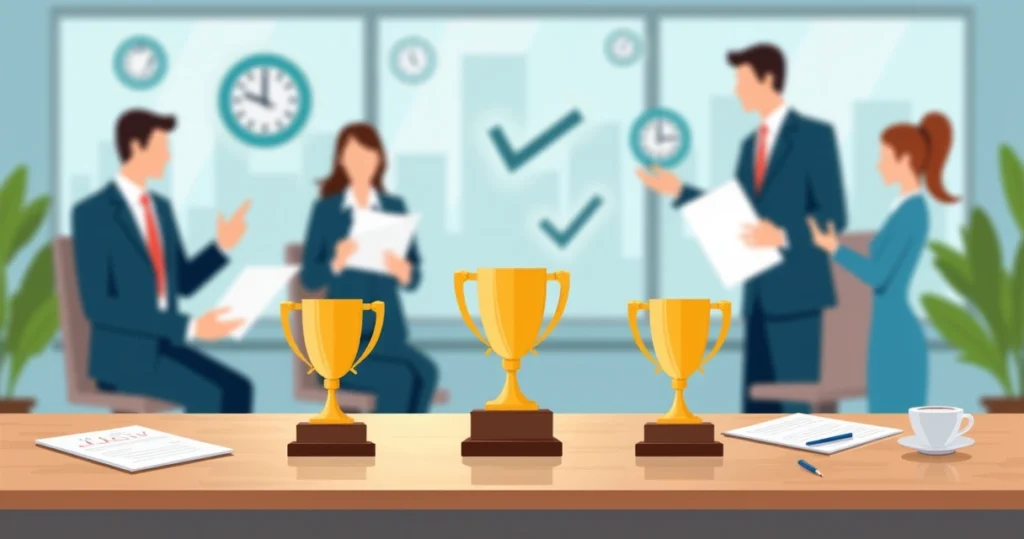 Placas de homenagem e troféus corporativos alinhados sobre uma mesa de madeira com pessoas de negócios discutindo ao fundo e elementos gráficos indicando entrega rápida e premiação empresarial