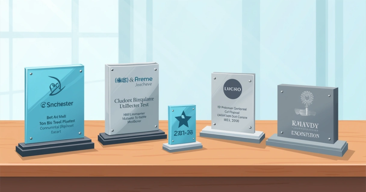 Placas de homenagem personalizadas em acrílico, aço inox e alumínio sobre mesa com capa protetora e logotipos