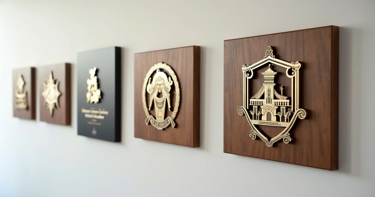 Diferentes placas comemorativas personalizadas em acrílico, aço inox, latão e metal expostas em mesa e parede