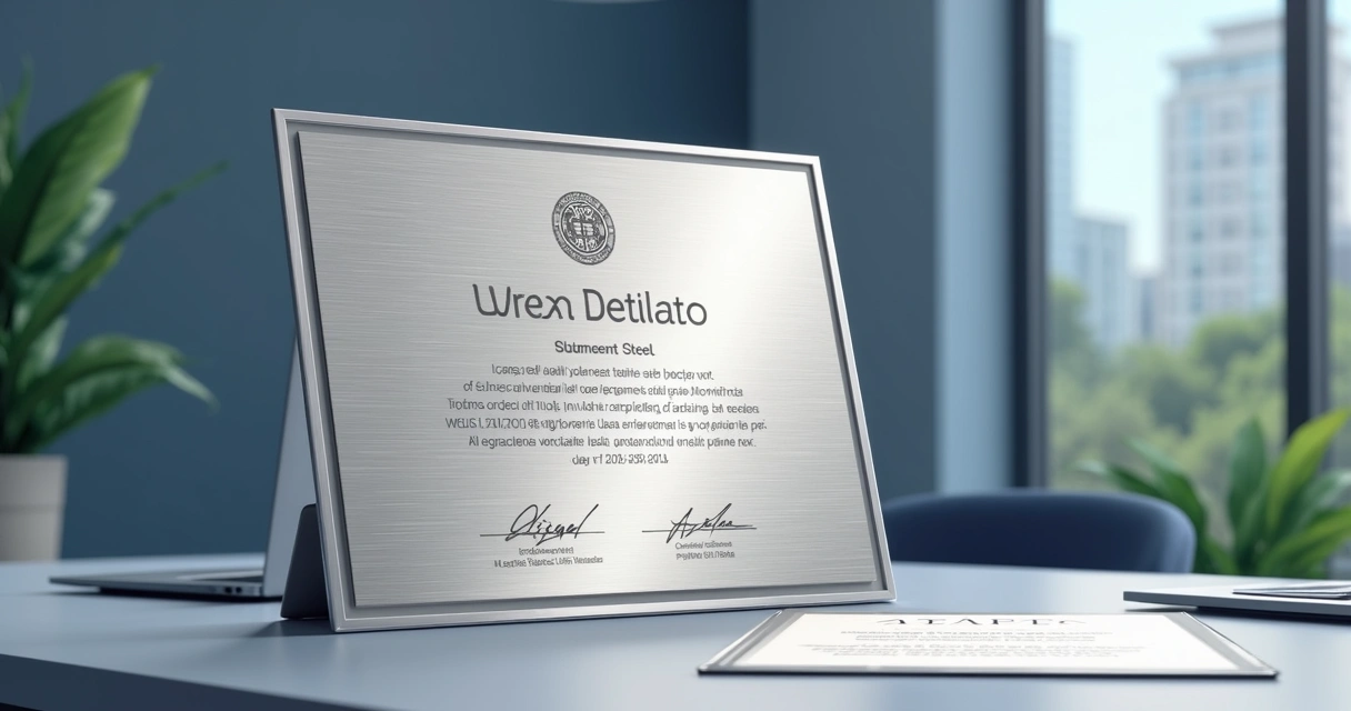 Diploma em aço inox com gravação laser em moldura de alumínio sobre mesa corporativa