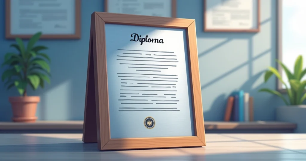 diploma em aço inox gravado com moldura de madeira sobre mesa elegante