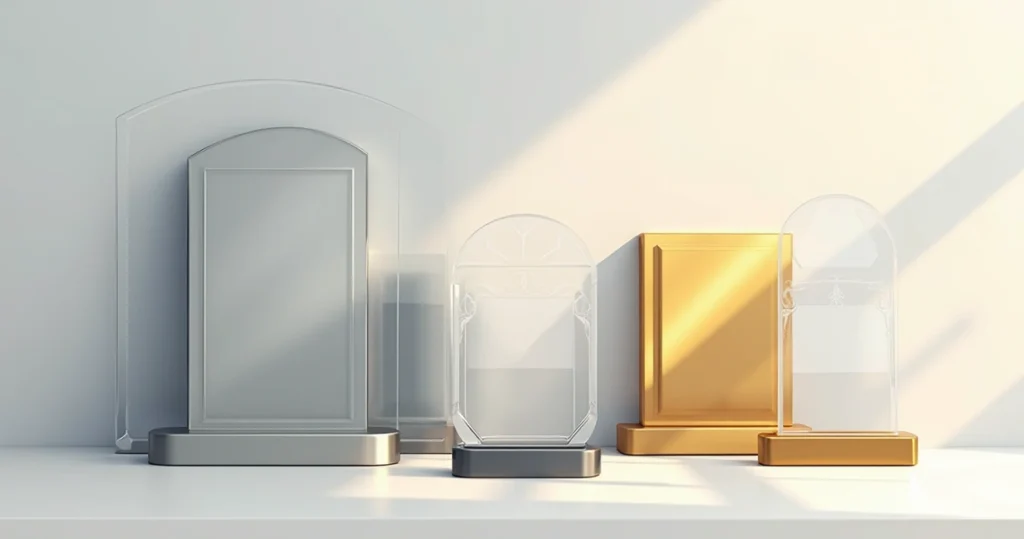 Conjunto diversificado de placas de homenagem em acrílico, aço inox e latão com diferentes formatos e estilos de personalização sobre superfície clara