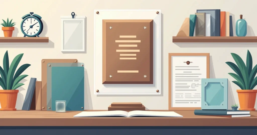 Ilustração corporativa de placa de agradecimento profissional sobre mesa com elementos de personalização e materiais variados ao redor