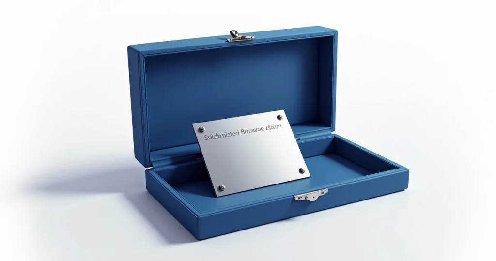 Placa de homenagem em aço inox dentro de estojo personalizado de veludo azul aberto com fundo limpo