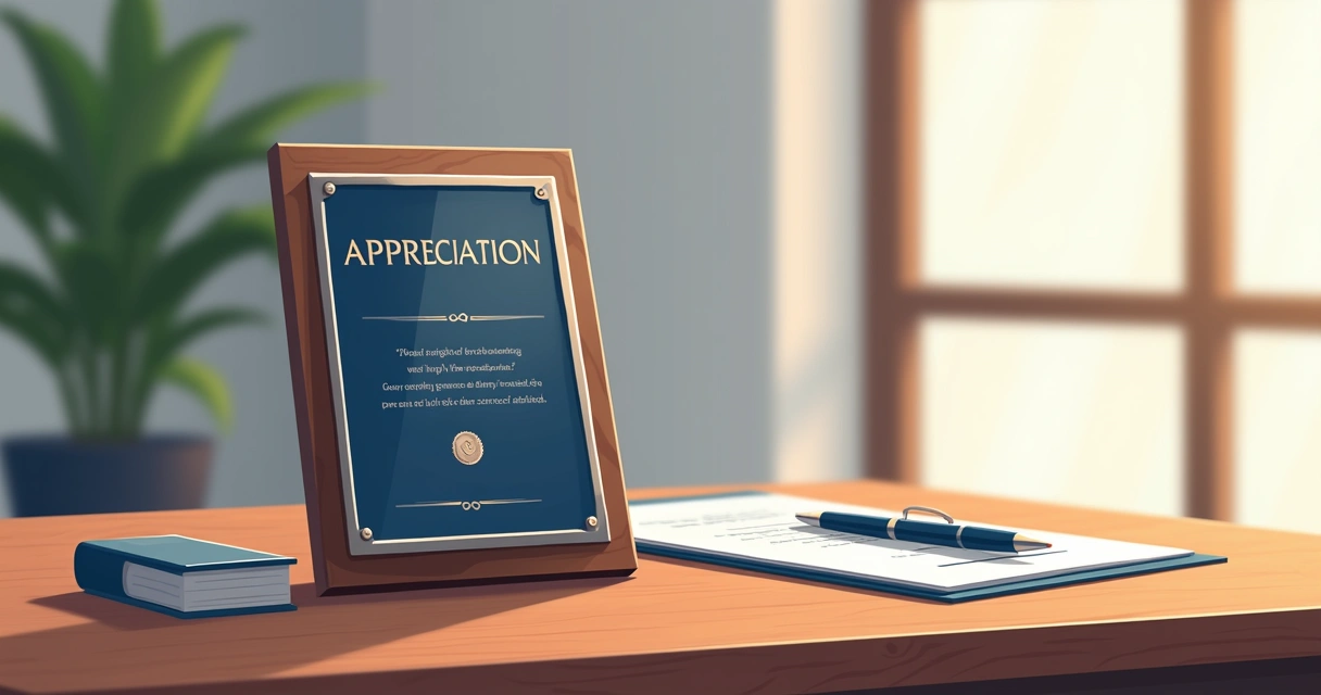 Placa de agradecimento personalizada em mesa de madeira com caneta e certificado ao lado