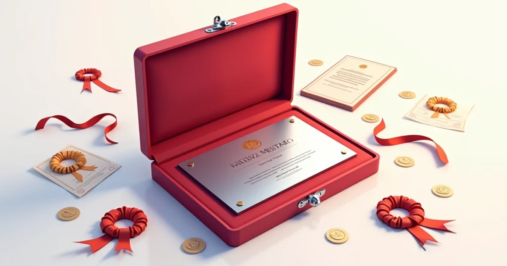 Placa de homenagem em aço inox dentro de estojo de veludo vermelho aberto