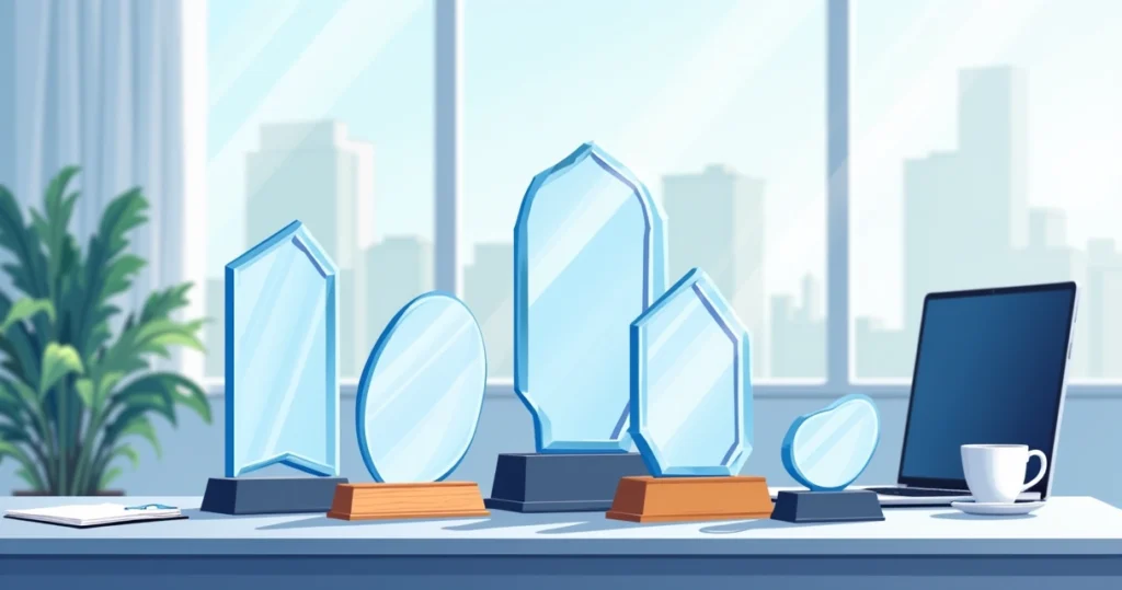 Ilustração corporativa de placas de homenagem em acrílico, madeira e metal exibidas sobre uma mesa em ambiente corporativo moderno com detalhes em azul e branco