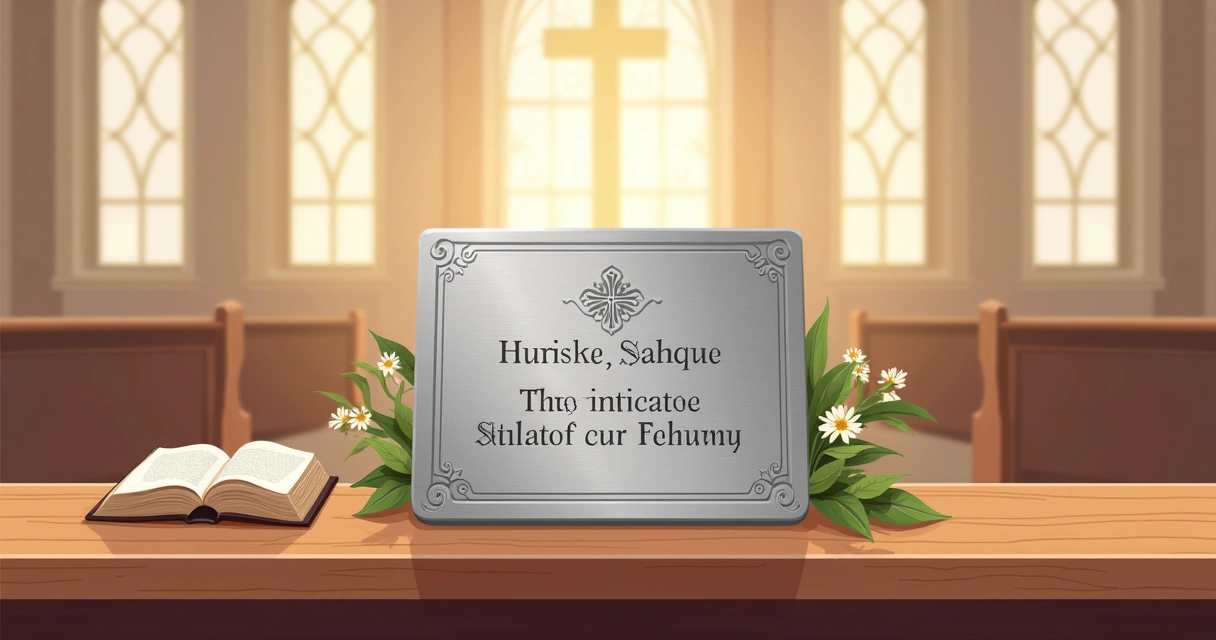 Ilustração de placa de inauguração de igreja em aço inox com design moderno sobre mesa de madeira