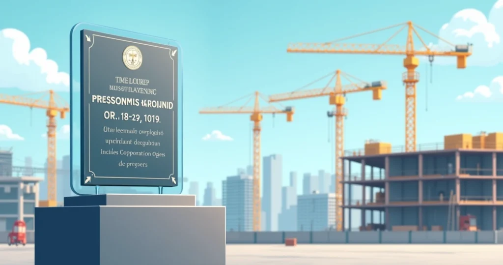 Ilustração corporativa plana de placa de inauguração em acrílico e metal em pedestal, com texto comemorativo visível, em cenário de obra com guindastes e estrutura metálica ao fundo