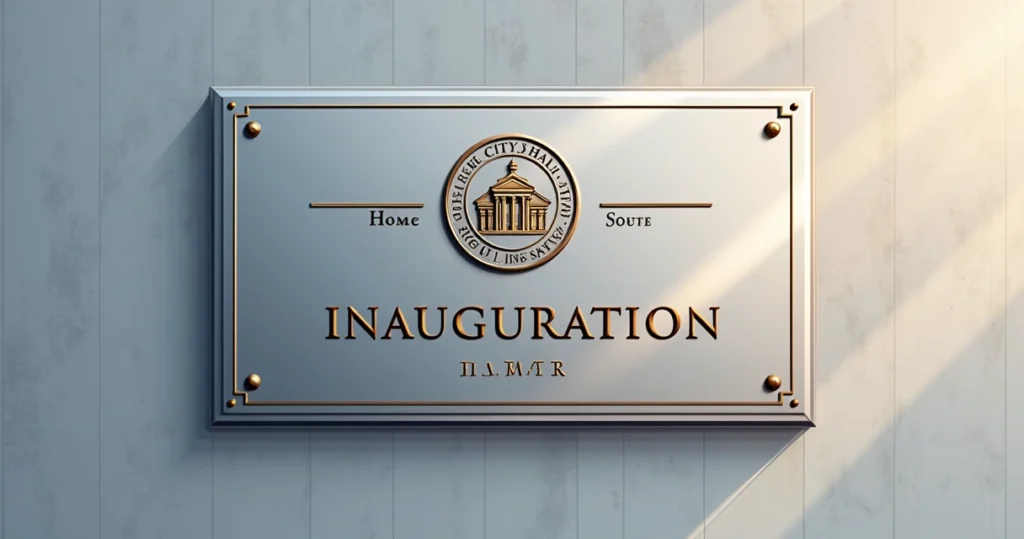 Placa de inauguração de prefeitura em aço inox instalada em parede com brasão e texto personalizado