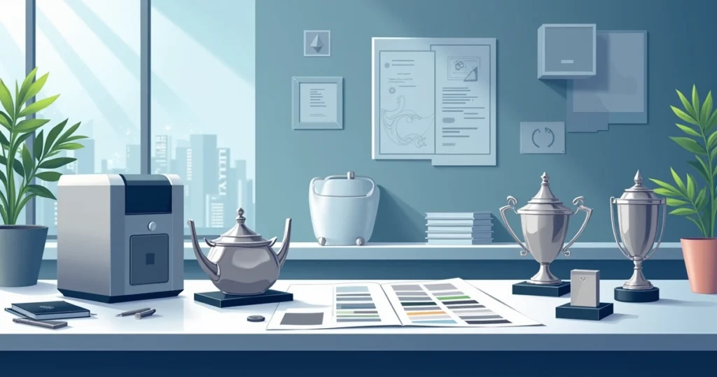 Ilustração corporativa de placas de aço inox personalizadas com acabamento espelhado e ferramentas de gravação