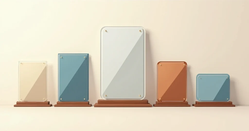 Ilustração corporativa plana de várias placas comemorativas personalizadas em acrílico, madeira e metal exibidas lado a lado