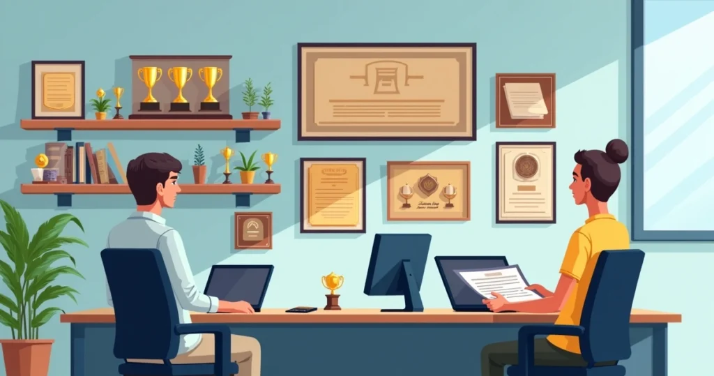 Ilustração corporativa flat com diversas placas comemorativas personalizadas exibidas em um ambiente moderno de escritório, com detalhes em acrílico, metal e madeira, incluindo troféus e medalhas organizados em prateleiras atrás de uma mesa com profissionais analisando um layout de placa com computadores e papéis