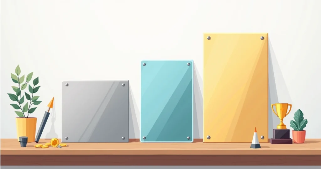 Ilustração corporativa de placas de homenagem personalizadas em aço inox, acrílico e latão sobre mesa com elementos de gravação a laser e impressão digital