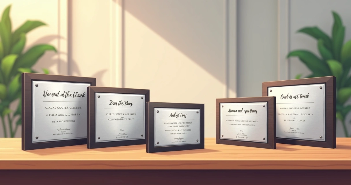 Várias placas de homenagem personalizadas em aço inox, acrílico e alumínio sobre mesa com capa apresentadora