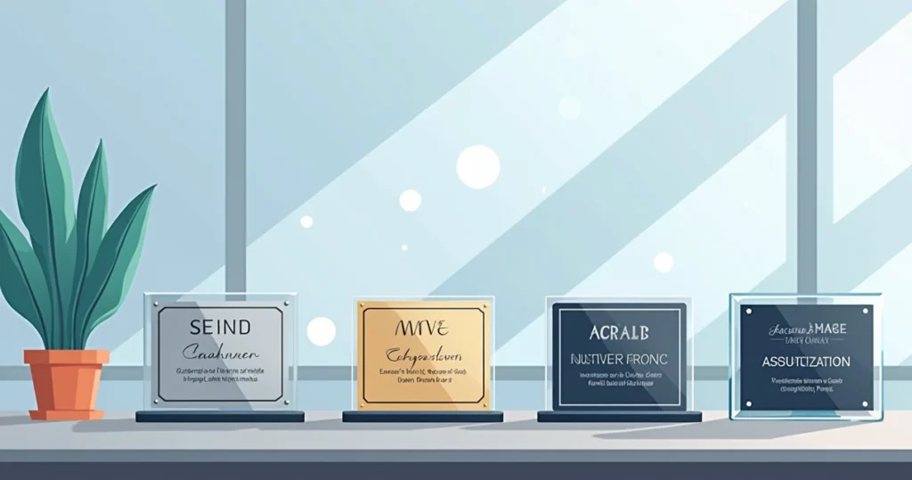 Ilustração corporativa de diversas placas de homenagem em aço inox, latão e acrílico sobre uma mesa, com detalhes de textos personalizados e elementos gráficos modernos ao fundo