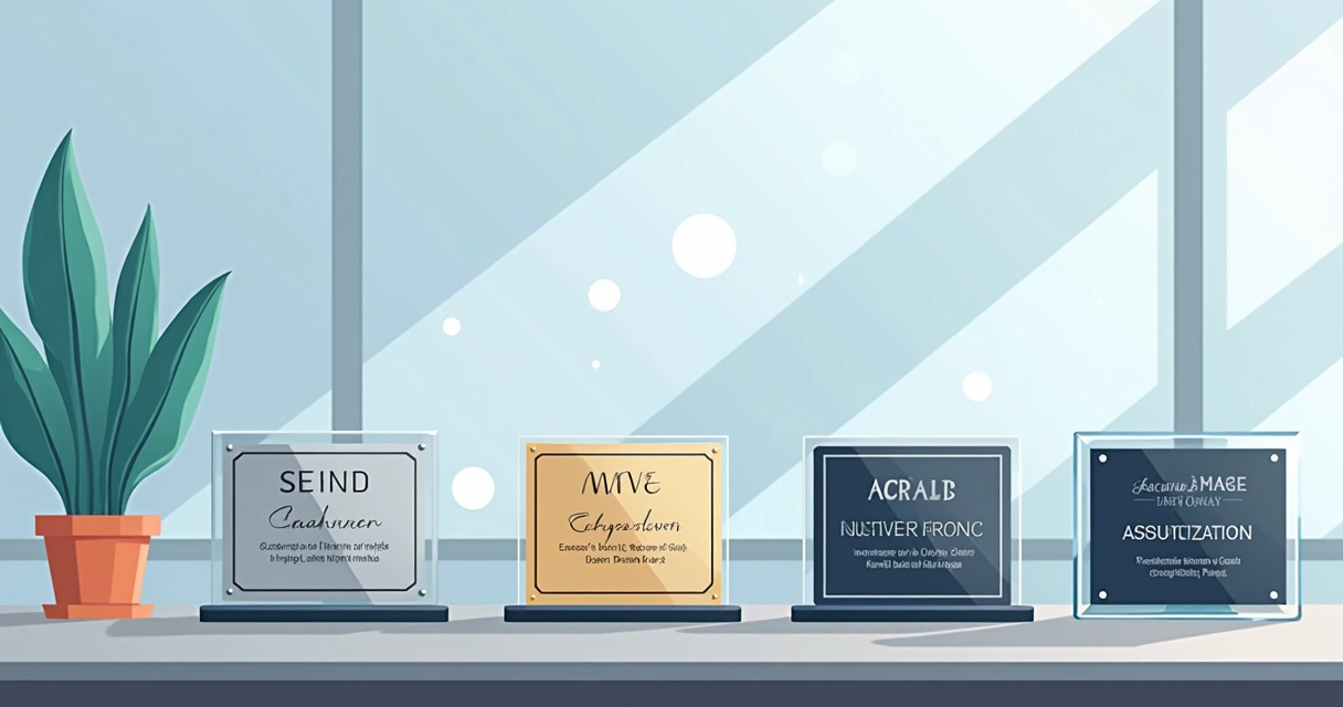 Ilustração corporativa de diversas placas de homenagem em aço inox, latão e acrílico sobre uma mesa, com detalhes de textos personalizados e elementos gráficos modernos ao fundo