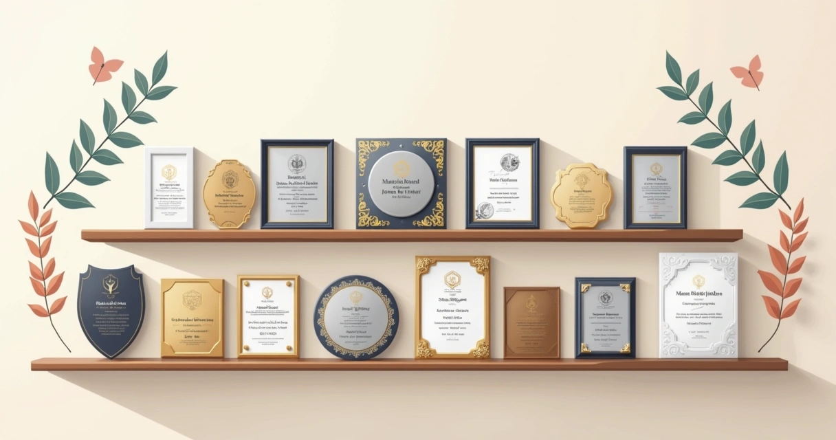 Ilustração de diversas placas de homenagem personalizadas de aço inox, latão e acrílico em um display organizado