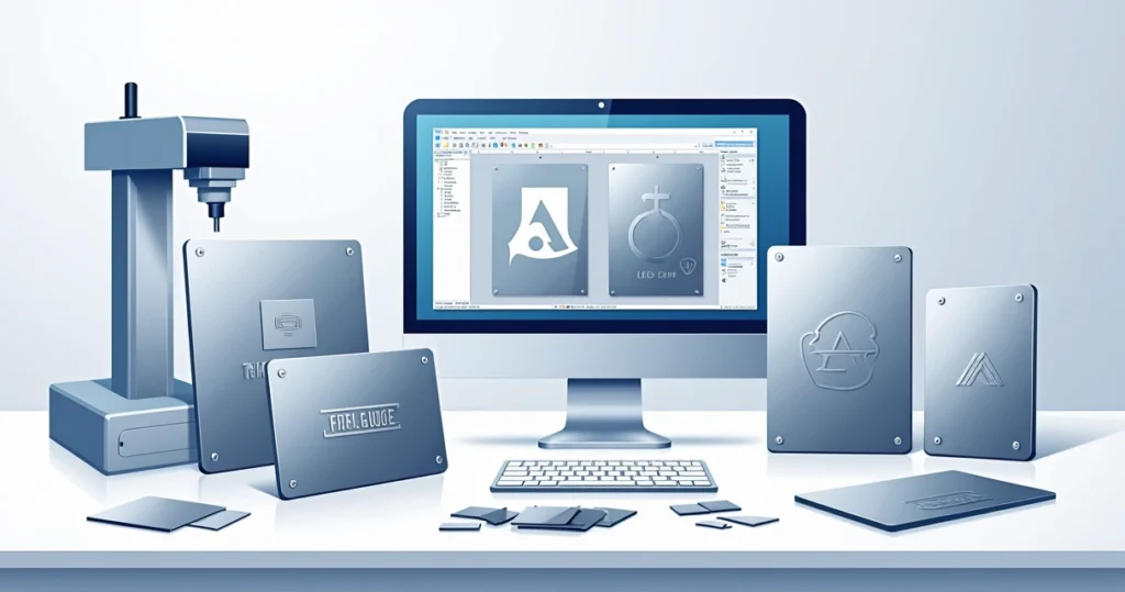 Ilustração corporativa de placas em inox personalizadas em diferentes formatos com detalhes de gravação a laser e acabamento polido