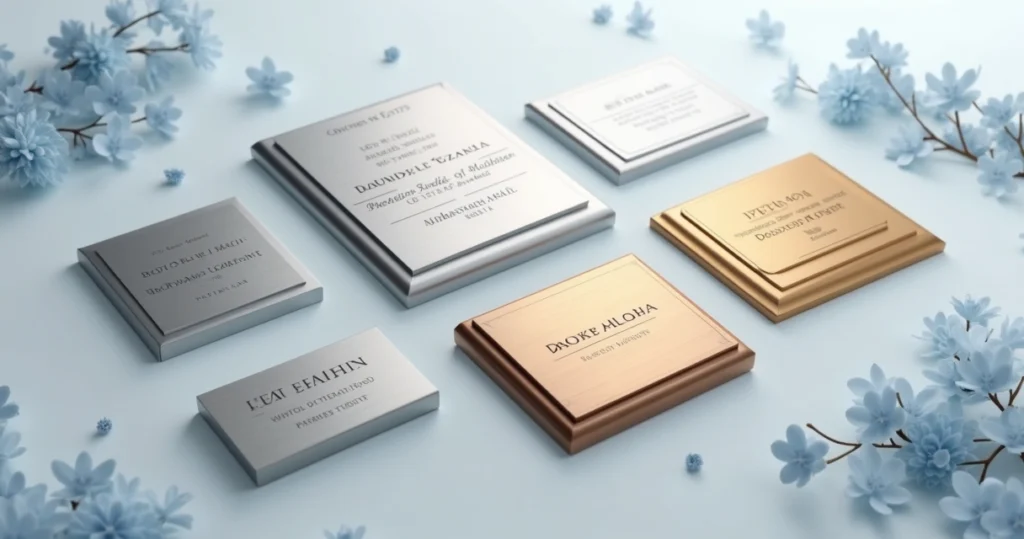 Diferentes placas metálicas personalizadas com variados formatos e tamanhos exibidas em fundo corporativo