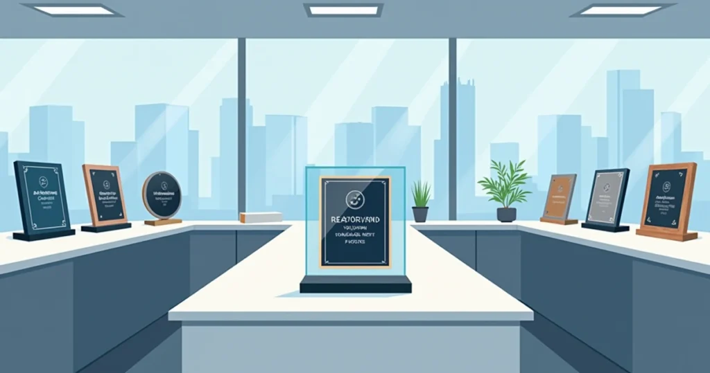 Ilustração corporativa plana de placas empresariais personalizadas em diferentes materiais exibidas em um ambiente de escritório moderno