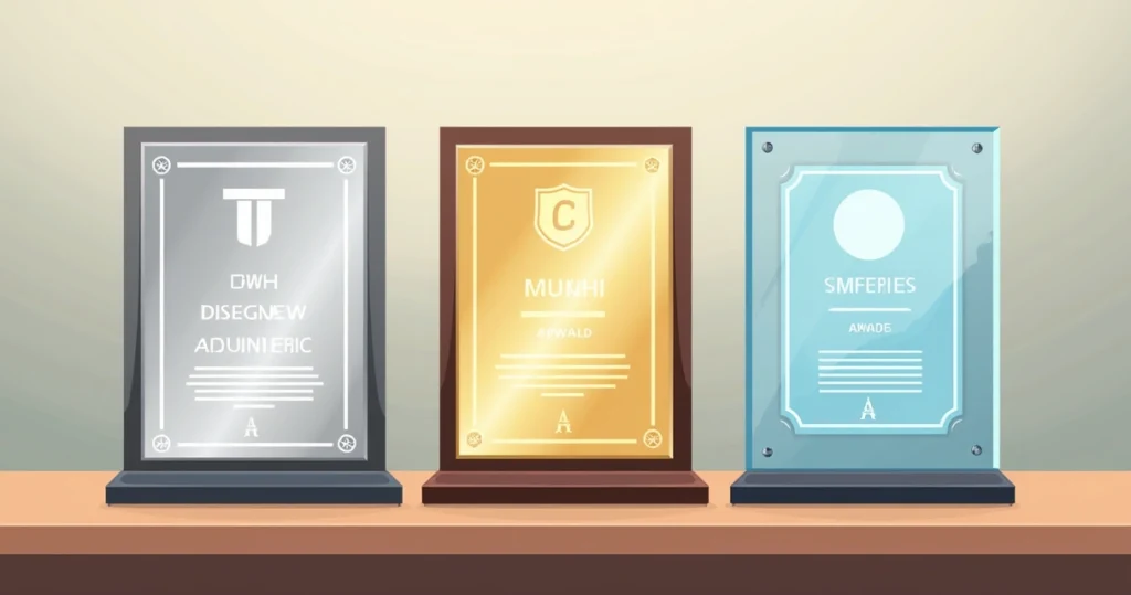 Três placas de homenagem personalizadas em aço inox, latão e acrílico sobre mesa, com textos e logotipos, em estilo corporativo flat