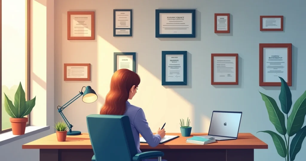 Ilustração corporativa flat de uma pessoa escrevendo texto para placa de homenagem em um escritório moderno com exemplos de placas ao fundo e material de aço inox e acrílico