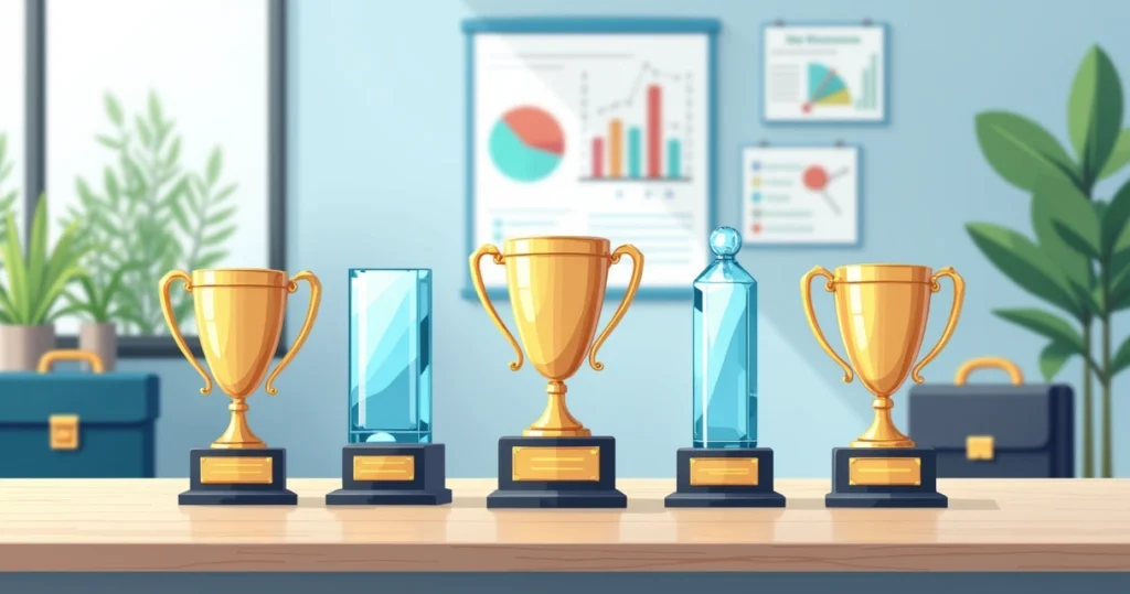 Conjunto de troféus corporativos personalizados em diferentes materiais e formatos em mesa clara