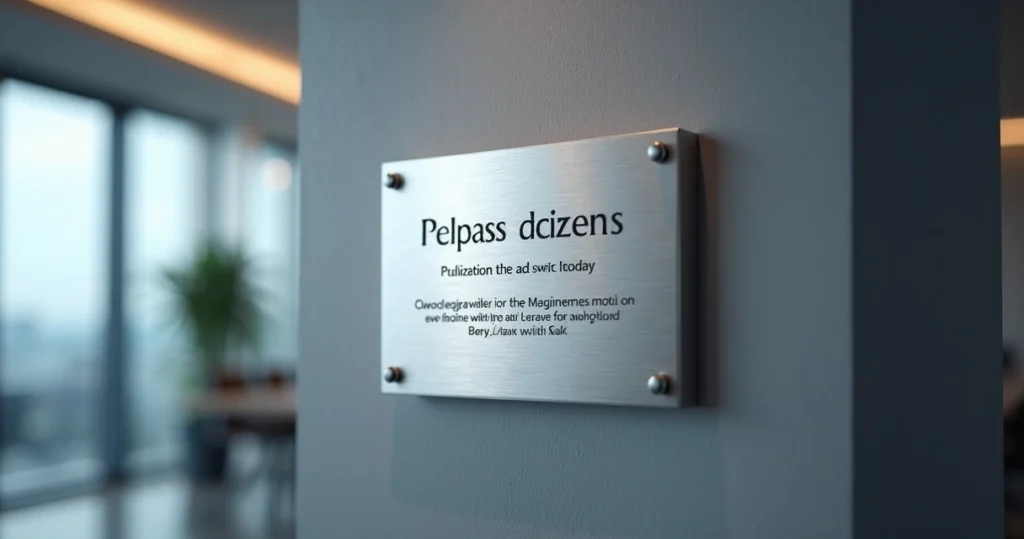 Placa de aço escovado com gravação detalhada em ambiente corporativo moderno