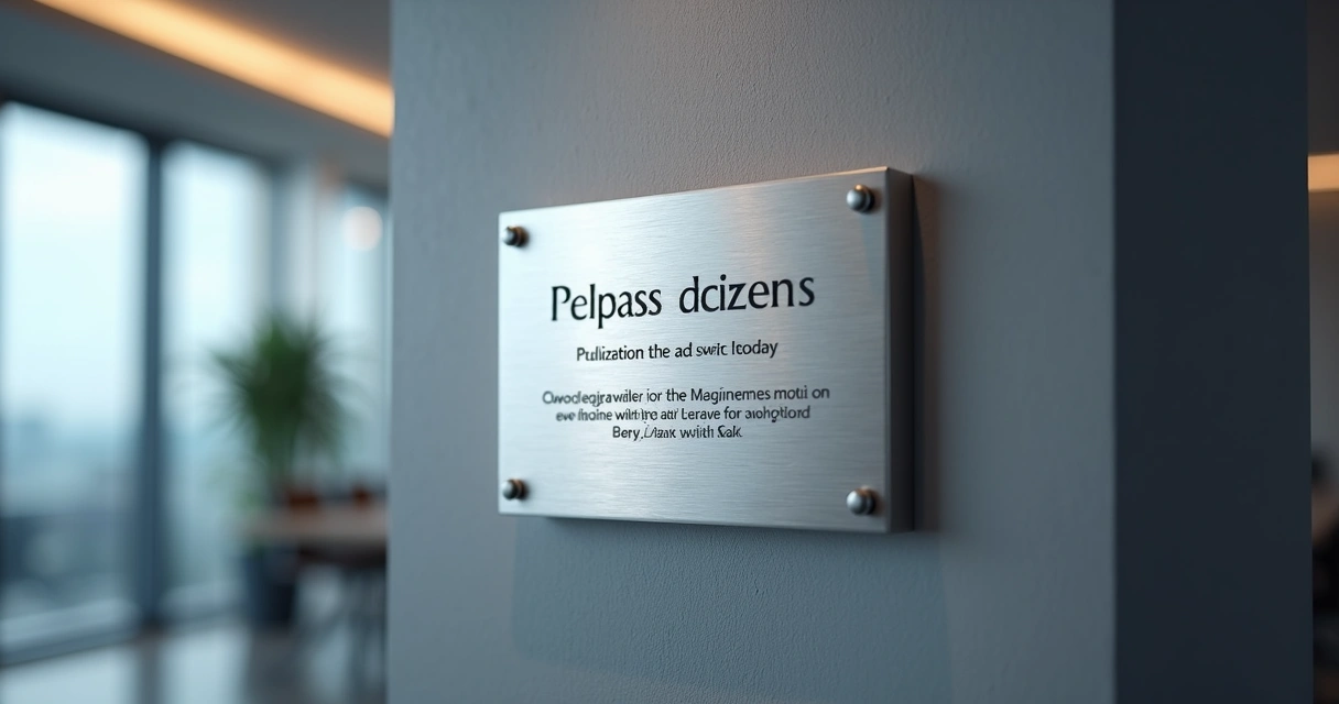 Placa de aço escovado com gravação detalhada em ambiente corporativo moderno