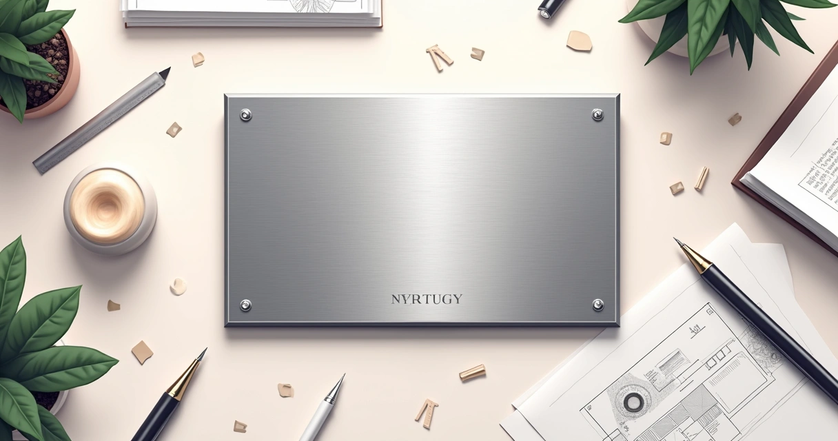 Ilustração corporativa de uma placa de homenagem em aço inox escovado sobre uma mesa com ferramentas de design ao fundo
