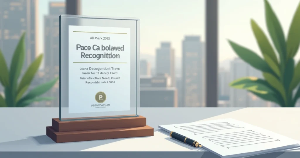 Ilustração corporativa plana de uma placa de homenagem em uma mesa, com texto e logotipo apresentados claramente, em ambiente de escritório moderno