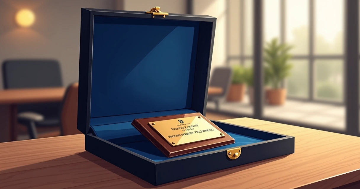 Placa de homenagem personalizada dentro de estojo de veludo aberto sobre mesa